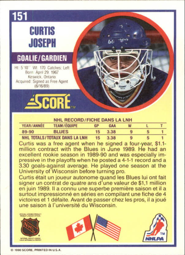 1990-91 Score Canadian #151 Curtis Joseph RC back image