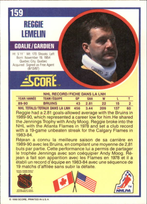 1990-91 Score Canadian #159 Rejean Lemelin back image