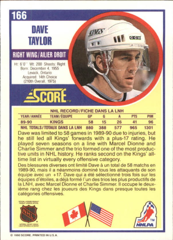 1990-91 Score Canadian #166 Dave Taylor back image