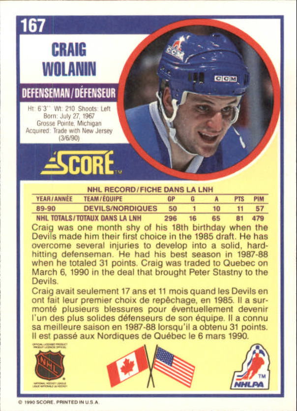 1990-91 Score Canadian #167 Craig Wolanin RC back image
