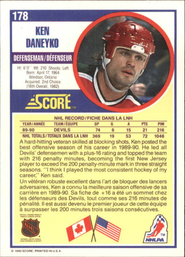 1990-91 Score Canadian #178 Ken Daneyko back image