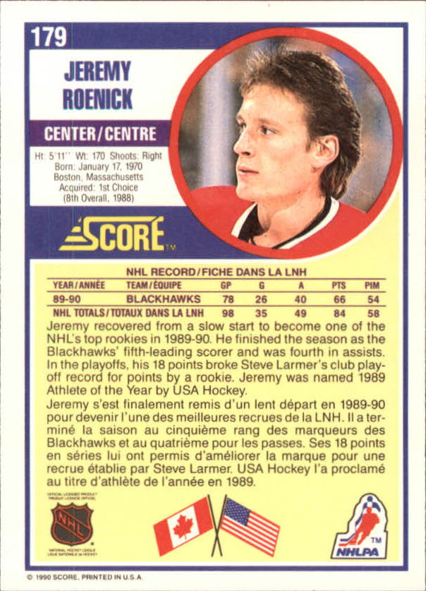 1990-91 Score Canadian #179 Jeremy Roenick RC back image