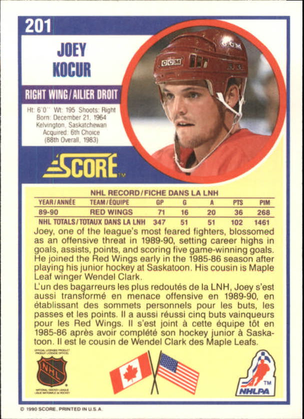 1990-91 Score Canadian #201 Joey Kocur back image