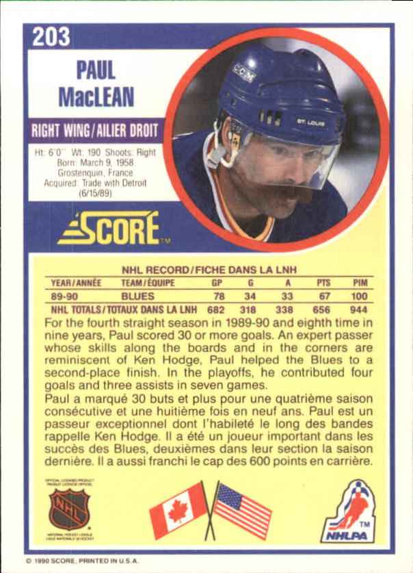 1990-91 Score Canadian #203 Paul MacLean back image