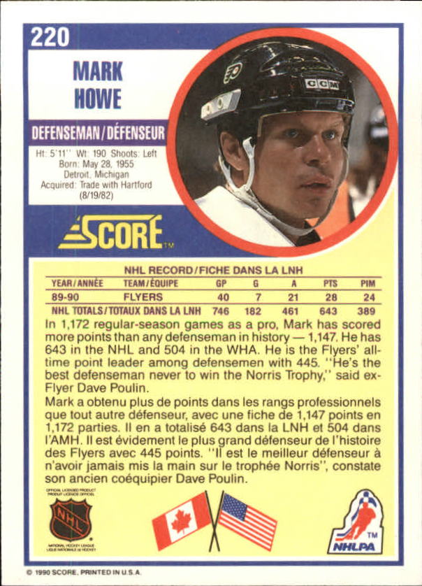 1990-91 Score Canadian #220 Mark Howe back image