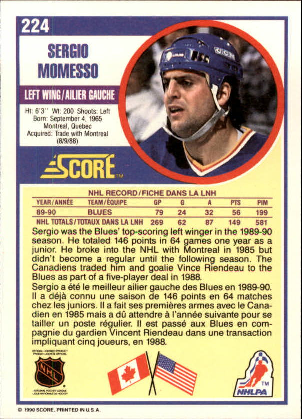 1990-91 Score Canadian #224 Sergio Momesso RC back image