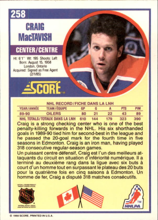 1990-91 Score Canadian #258 Craig MacTavish back image