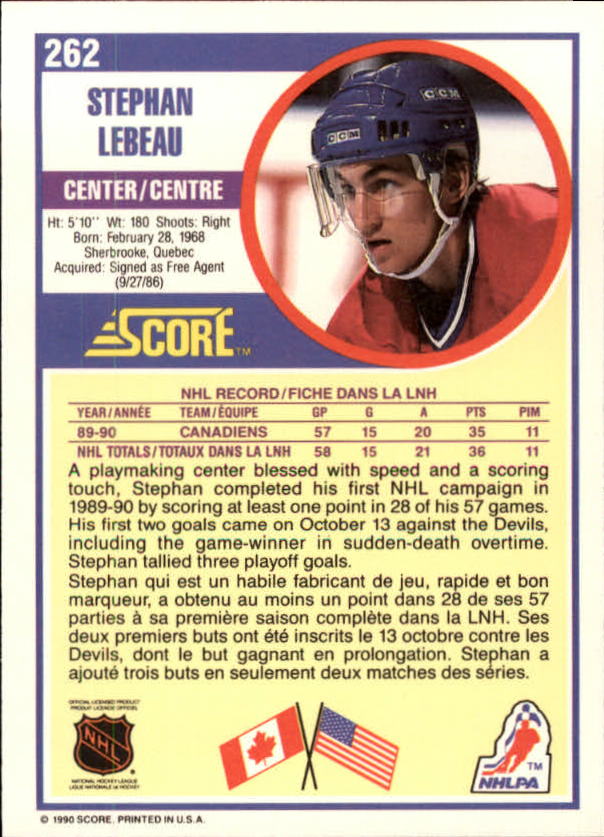 1990-91 Score Canadian #262 Stephan Lebeau RC back image