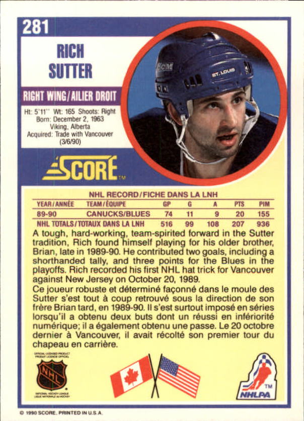 1990-91 Score Canadian #281 Rich Sutter back image