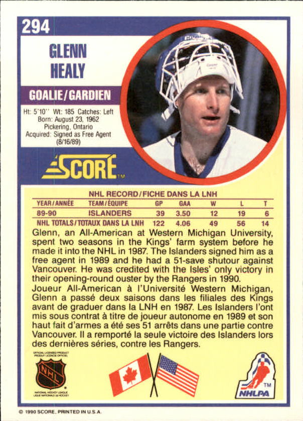 1990-91 Score Canadian #294 Glenn Healy RC back image