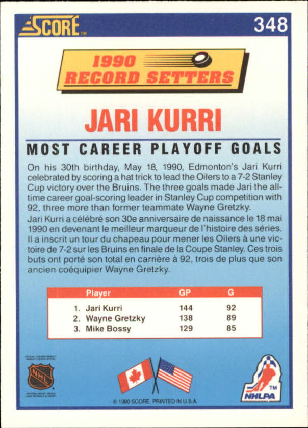 1990-91 Score Canadian #348 Jari Kurri LL back image
