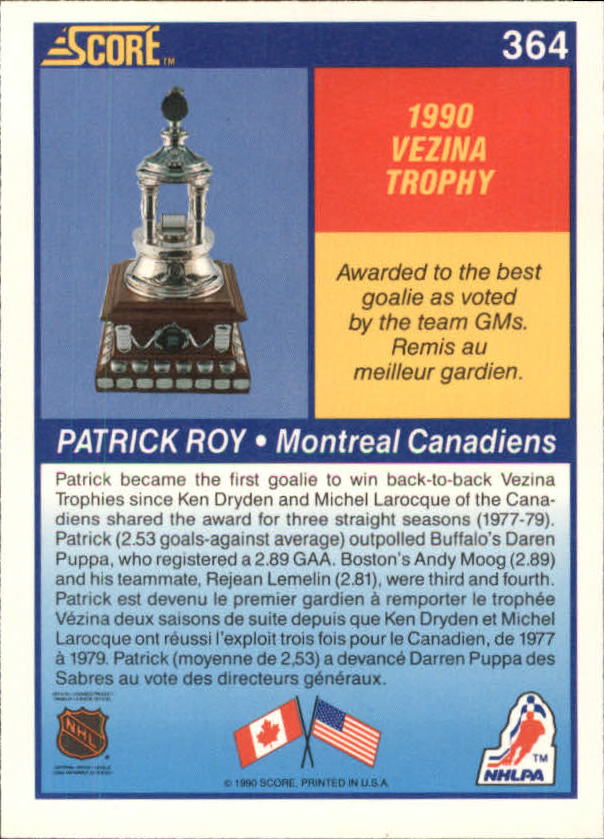 1990-91 Score Canadian #364 Patrick Roy Vezina back image