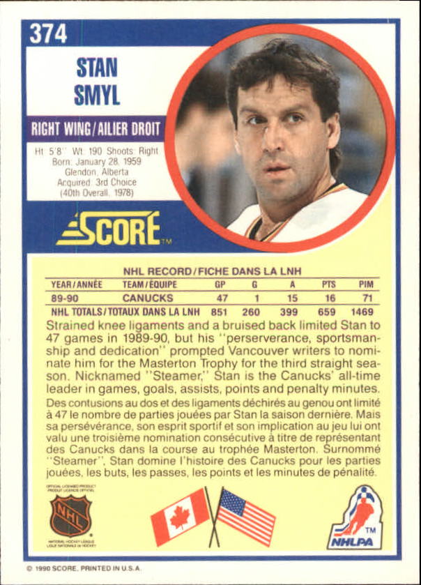 1990-91 Score Canadian #374 Stan Smyl back image