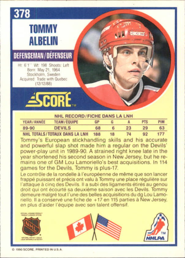 1990-91 Score Canadian #378 Tommy Albelin back image