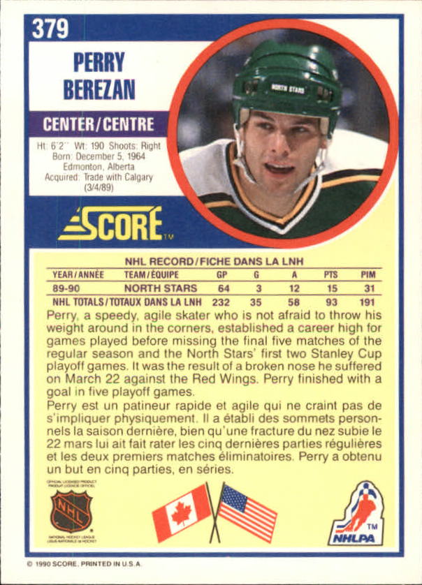 1990-91 Score Canadian #379 Perry Berezan RC back image