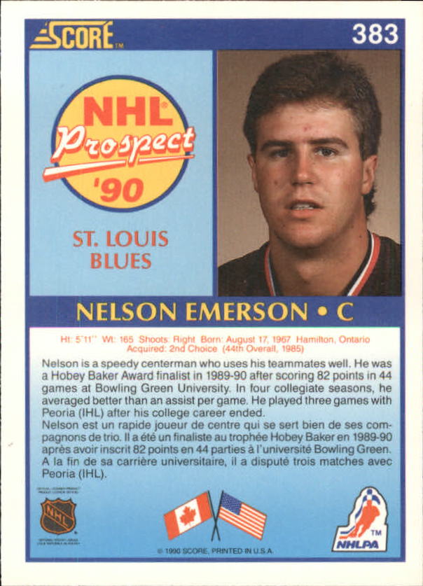 1990-91 Score Canadian #383 Nelson Emerson RC back image