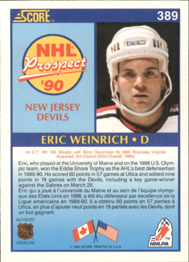 1990-91 Score Canadian #389 Eric Weinrich RC back image