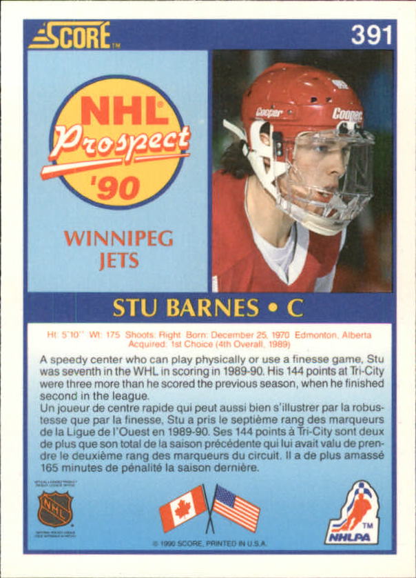1990-91 Score Canadian #391 Stu Barnes RC back image