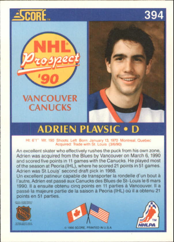 1990-91 Score Canadian #394 Adrien Plavsic RC back image