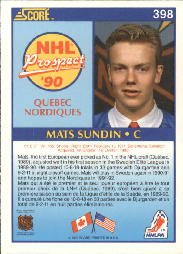 1990-91 Score Canadian #398 Mats Sundin RC back image