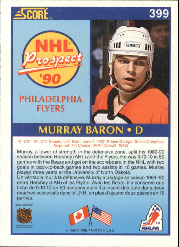 1990-91 Score Canadian #399 Murray Baron RC back image