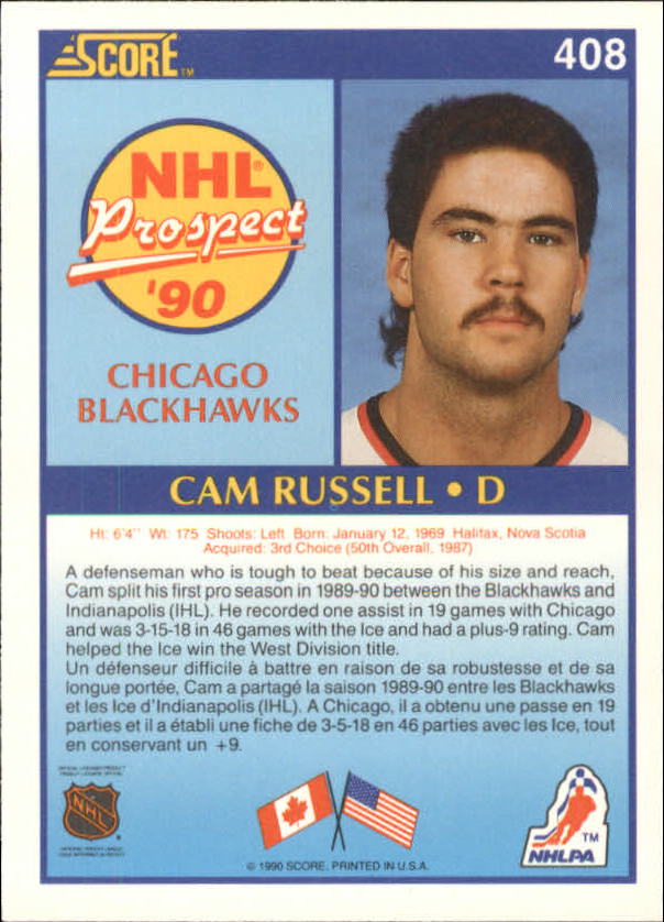 1990-91 Score Canadian #408 Cam Russell RC back image