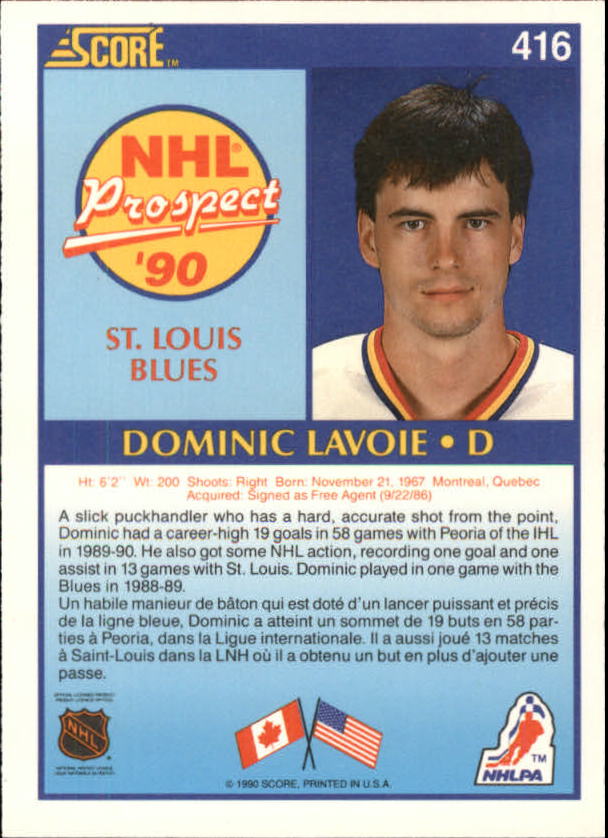 1990-91 Score Canadian #416 Dominic Lavoie RC back image
