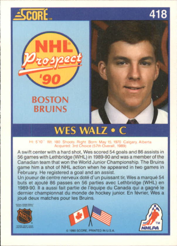 1990-91 Score Canadian #418 Wes Walz RC back image