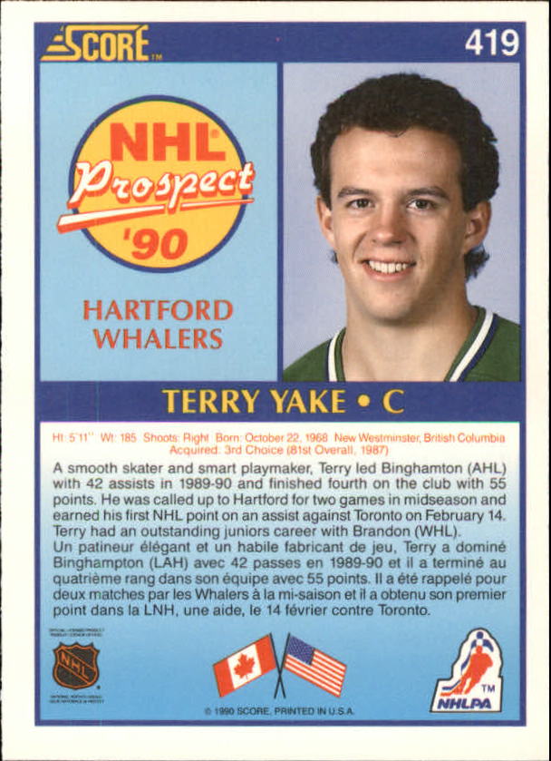 1990-91 Score Canadian #419 Terry Yake RC back image