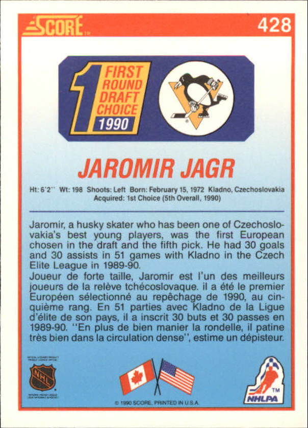 1990-91 Score Canadian #428 Jaromir Jagr RC back image
