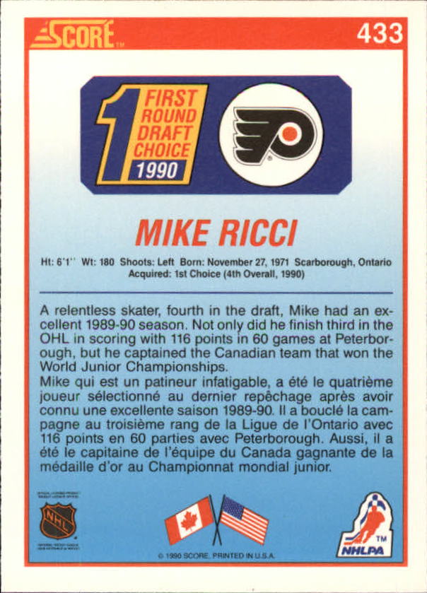 1990-91 Score Canadian #433 Mike Ricci RC back image