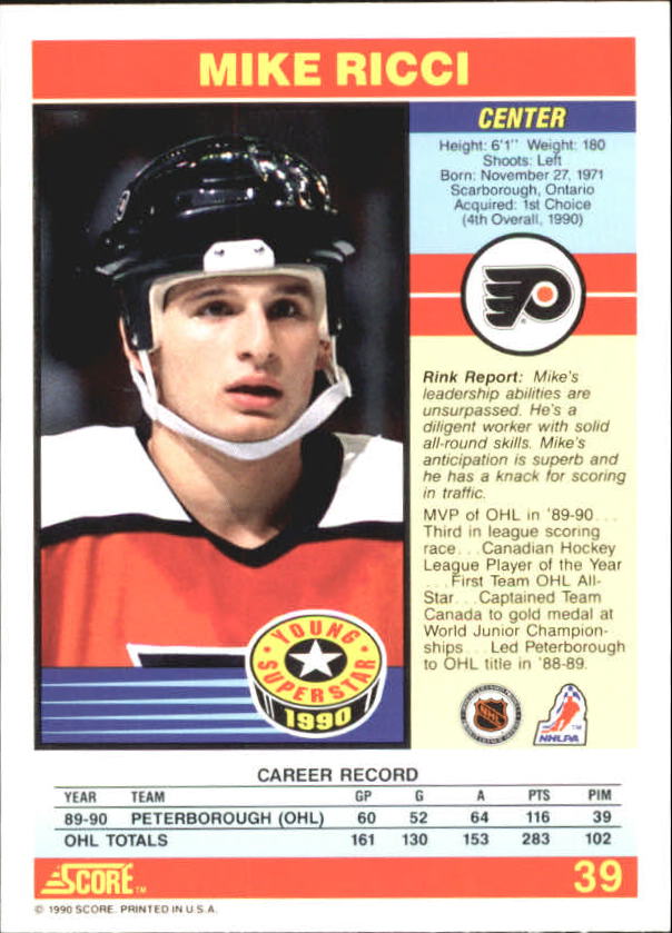 1990-91 Score Young Superstars #39 Mike Ricci back image