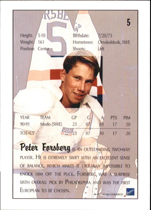 1991 Ultimate Draft #5 Peter Forsberg back image