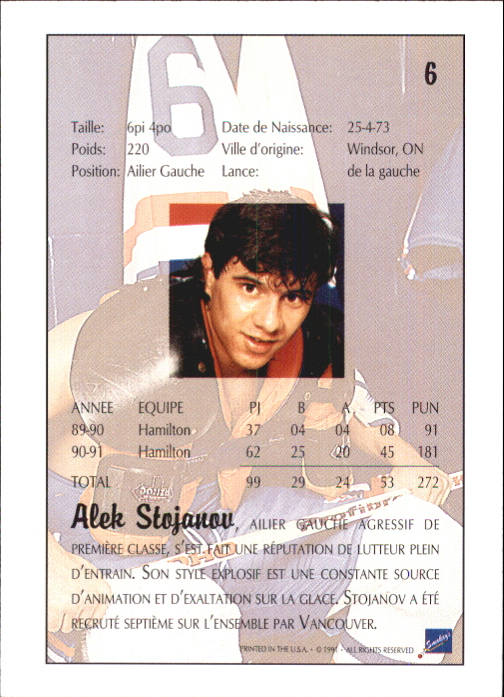 1991 Ultimate Draft #6 Alek Stojanov back image