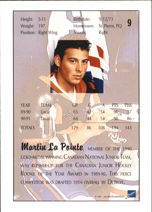 1991 Ultimate Draft #9 Martin Lapointe back image