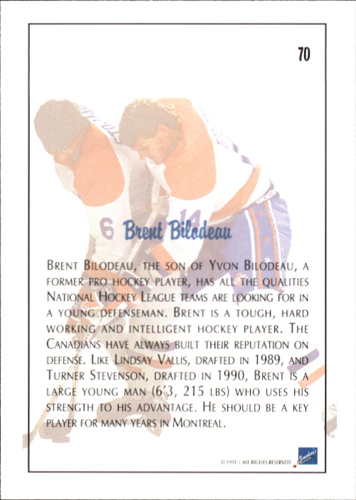 1991 Ultimate Draft #70 Brent Bilodeau FDP back image