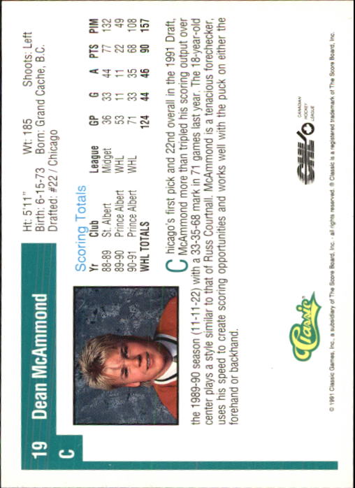 1991 Classic #19 Dean McAmmond back image
