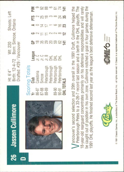 1991 Classic #26 Jassen Cullimore back image