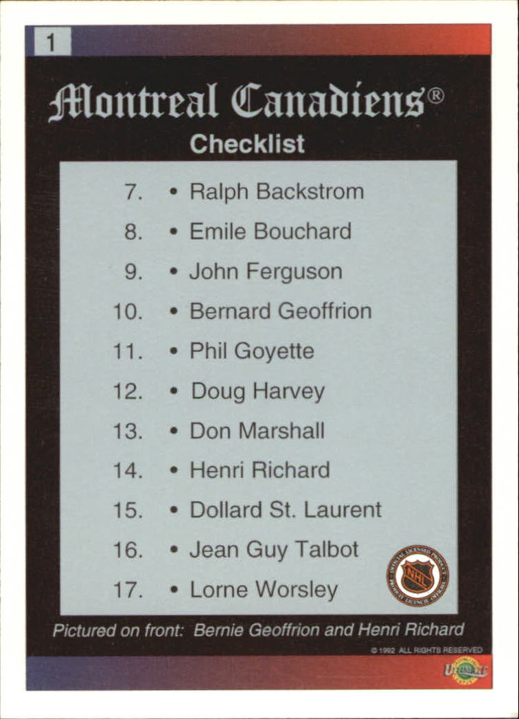 1991-92 Ultimate Original Six #1 Montreal Canadiens/Checklist back image