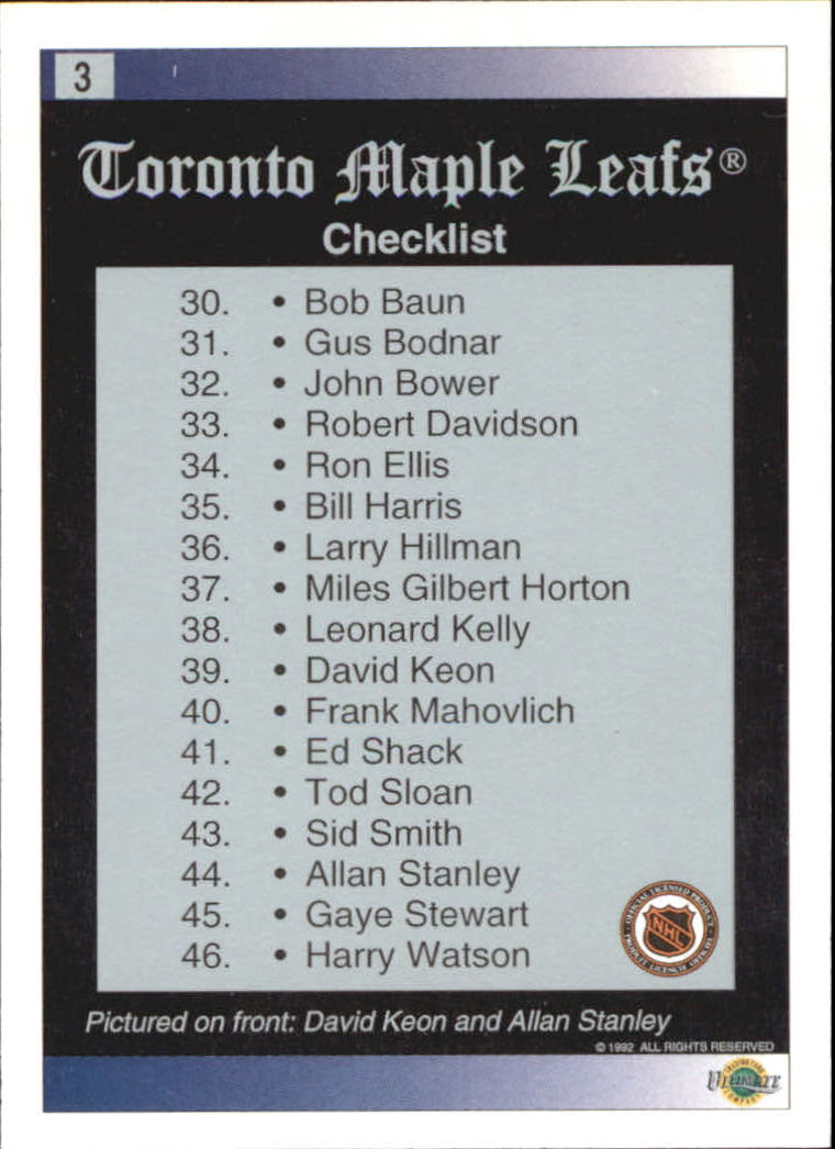 1991-92 Ultimate Original Six #3 Toronto Maple Leafs/Checklist back image