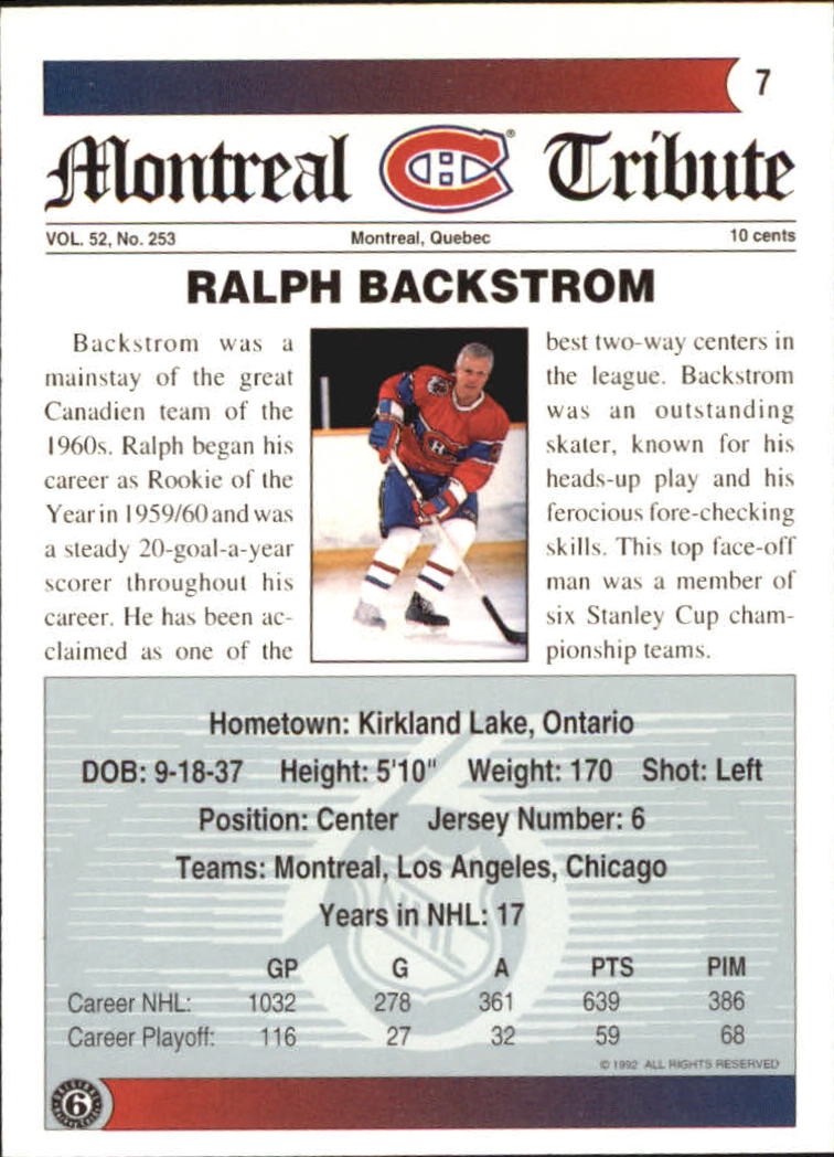 1991-92 Ultimate Original Six #7 Ralph Backstrom back image