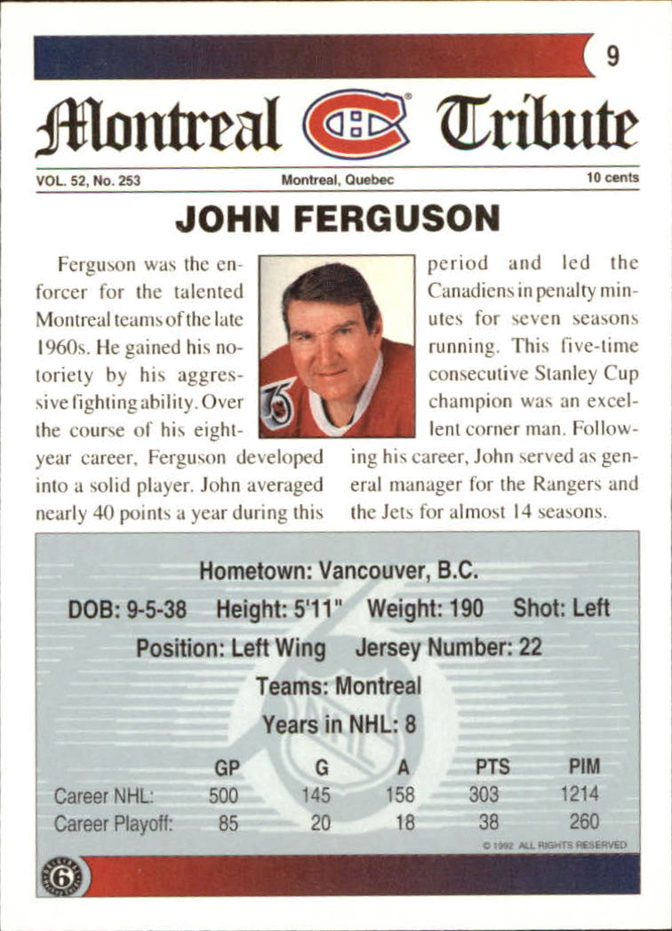 1991-92 Ultimate Original Six #9 John Ferguson back image