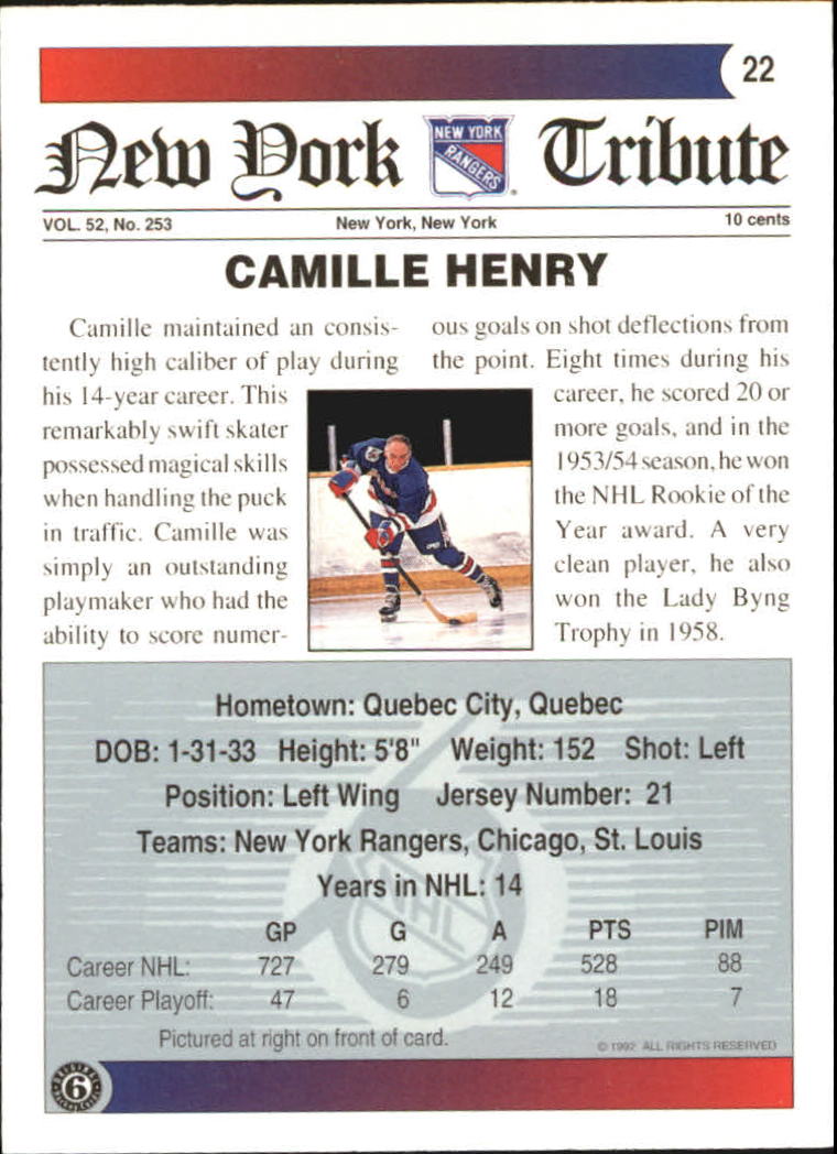 1991-92 Ultimate Original Six #22 Camille Henry back image