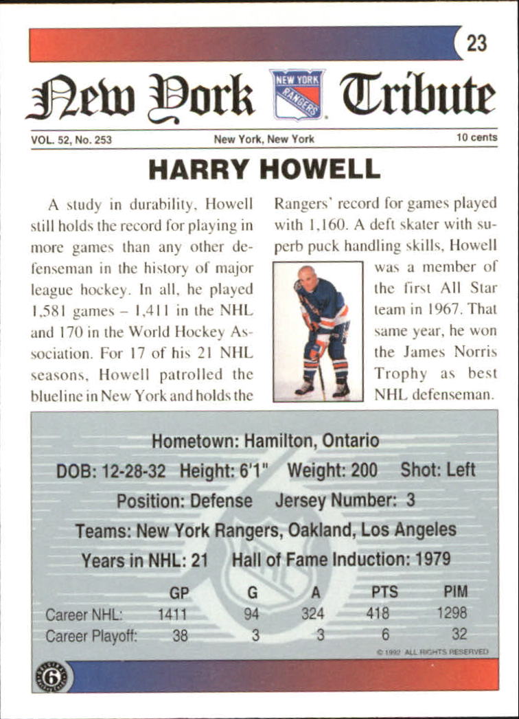 1991-92 Ultimate Original Six #23 Harry Howell back image