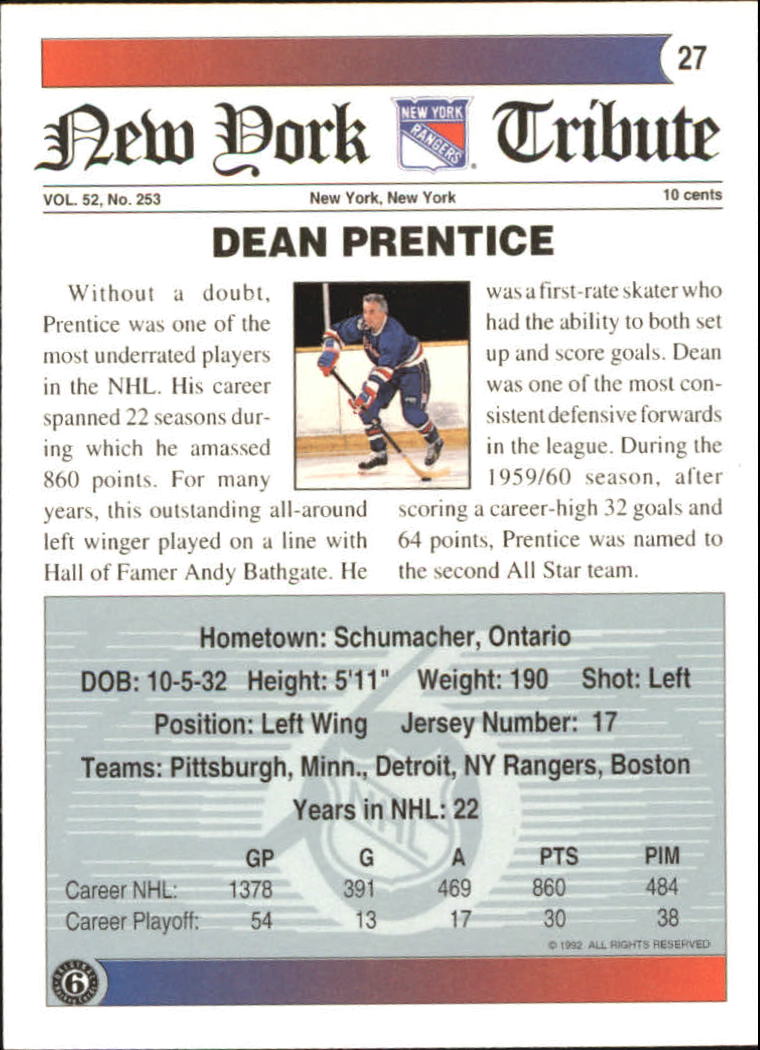 1991-92 Ultimate Original Six #27 Dean Prentice back image