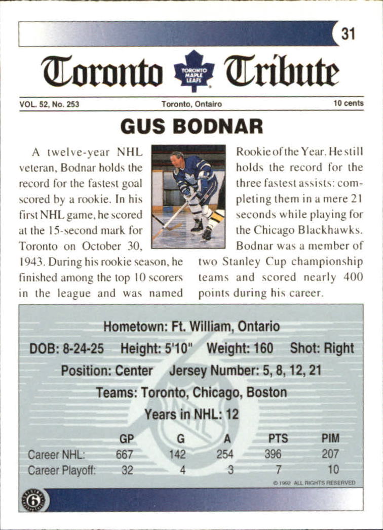 1991-92 Ultimate Original Six #31 Gus Bodnar back image