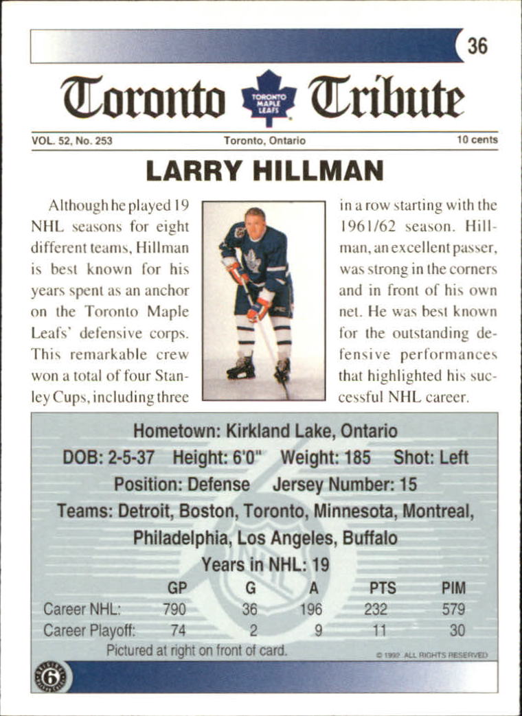 1991-92 Ultimate Original Six #36 Larry Hillman back image