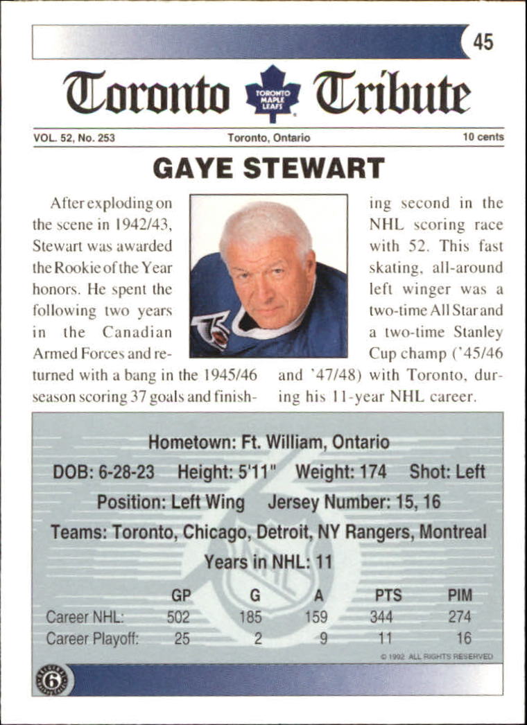1991-92 Ultimate Original Six #45 Gaye Stewart back image