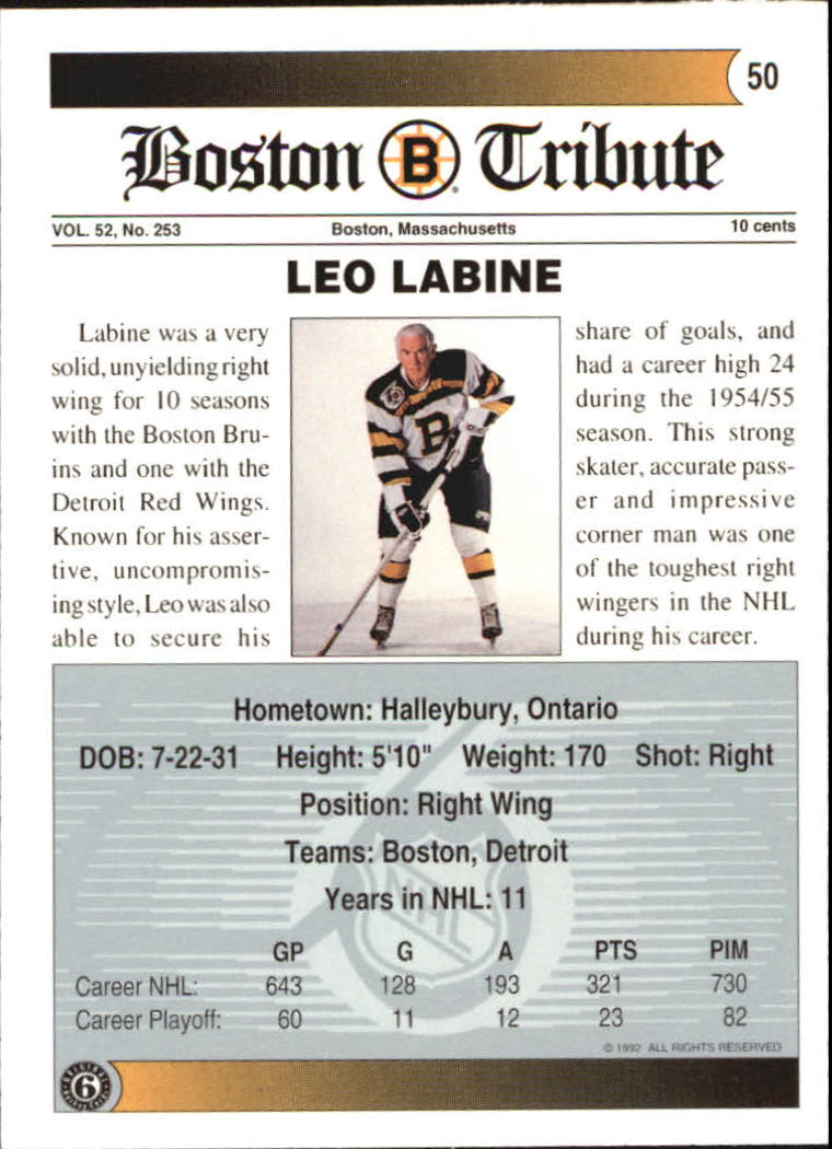1991-92 Ultimate Original Six #50 Leo Labine back image