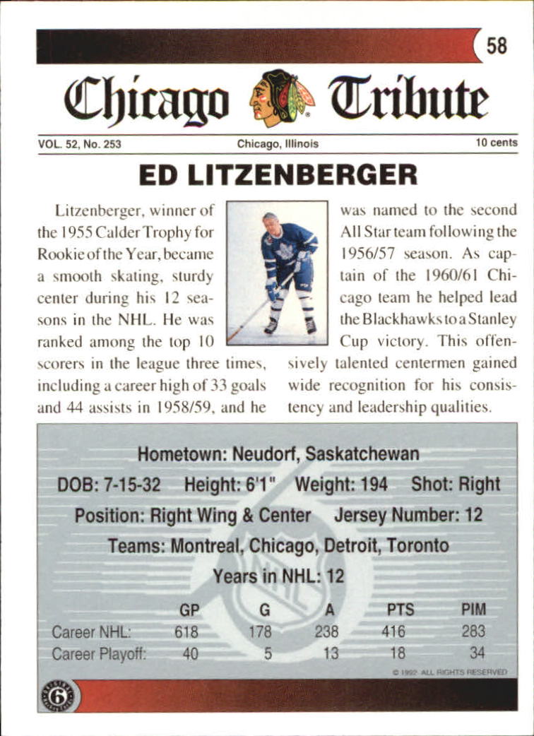 1991-92 Ultimate Original Six #58 Ed Litzenberger back image